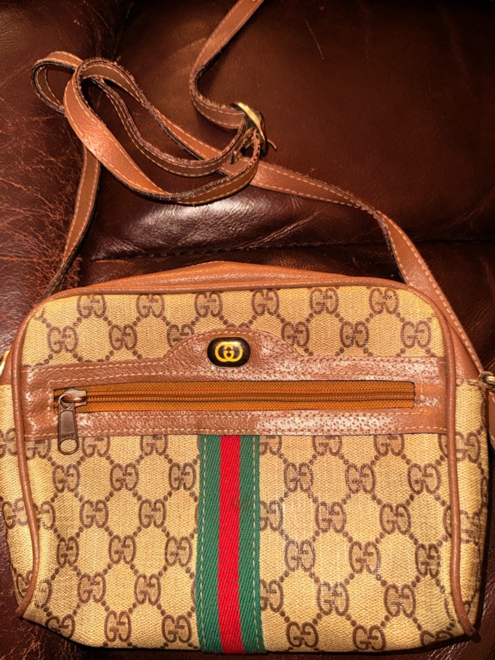 Gucci Brown/Tan GG Monogram Crossbody with Green and Red Stripe